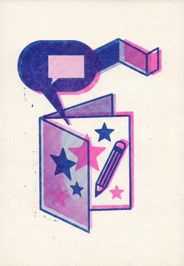 A risograph-printed card: a speech bubble turning into a folded card covered in stars
